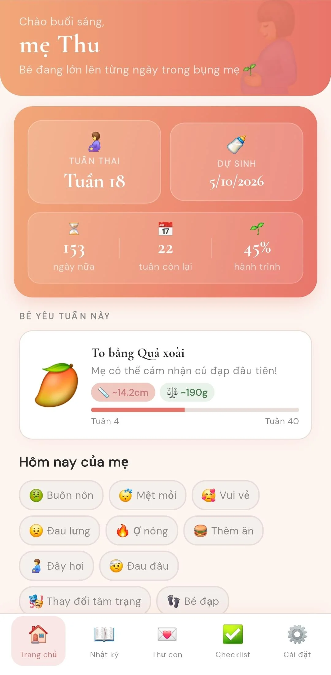 Màn hình chính ứng dụng Bloom — Nhật Ký Mẹ Bầu